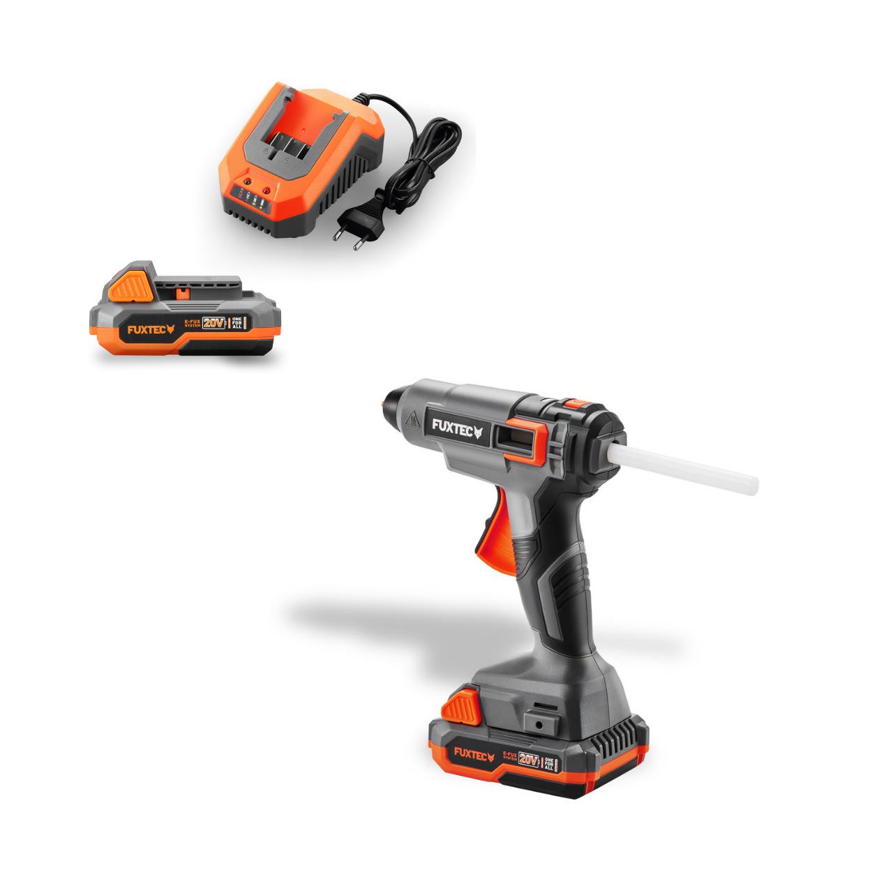 FUXTEC 20V snoerloos lijmpistool FX-E1GG20 SET - met 1x oplaadbare batterij 2Ah, 1x lader 2,4A