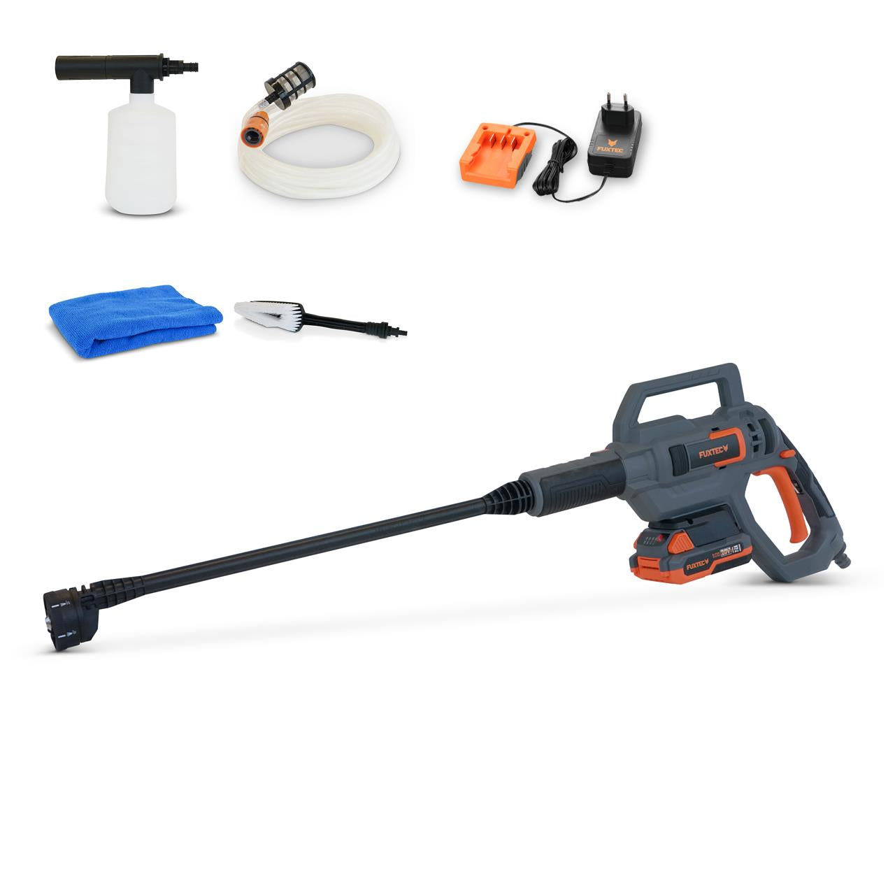 FUXTEC hogedrukreiniger accu 20V - set met batterij (2Ah) en lader (1A) & accessoires