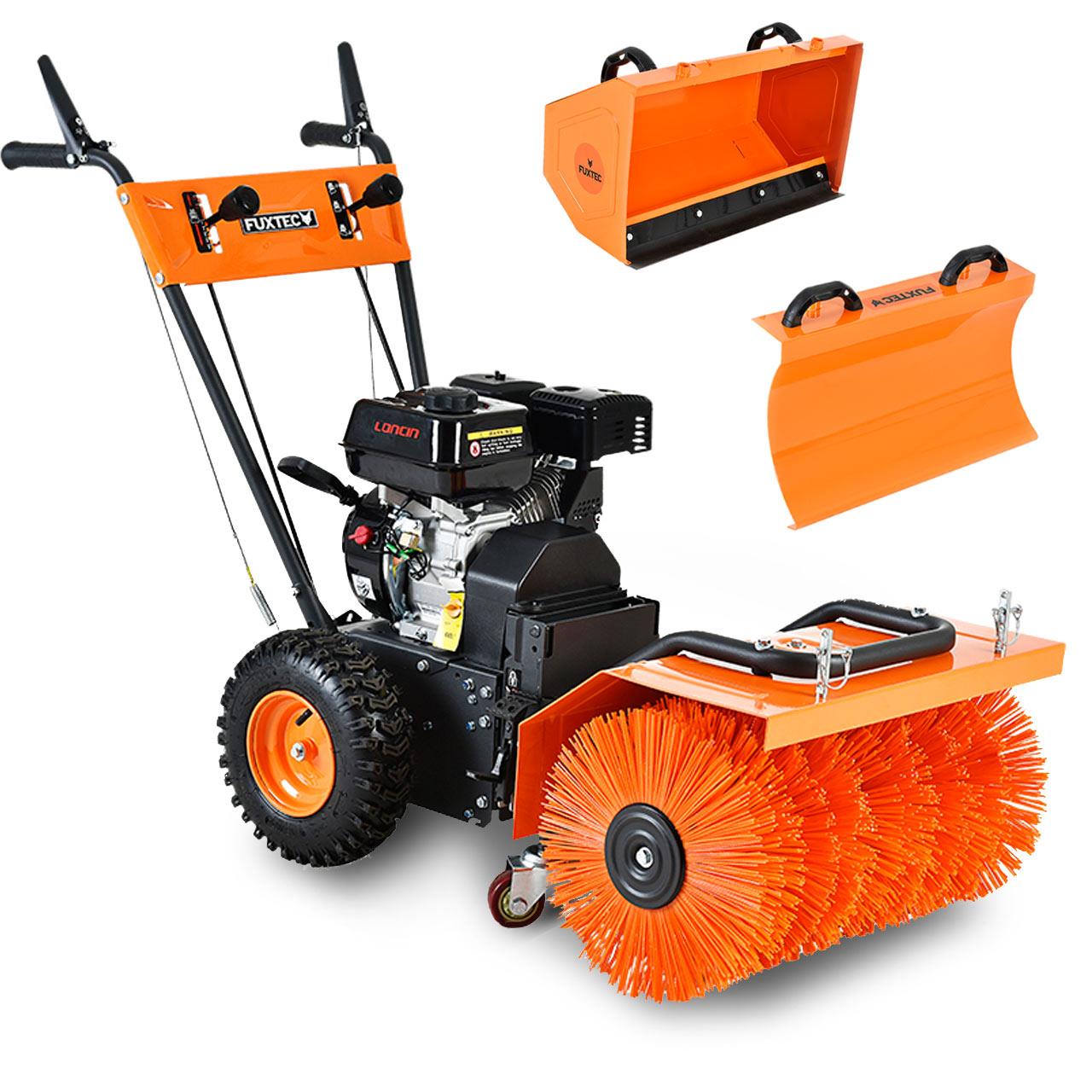 FUXTEC Benzin Kehrmaschine Set FX-KM196-SET3 mit Schneeschild und Kehrgutsammelbehälter