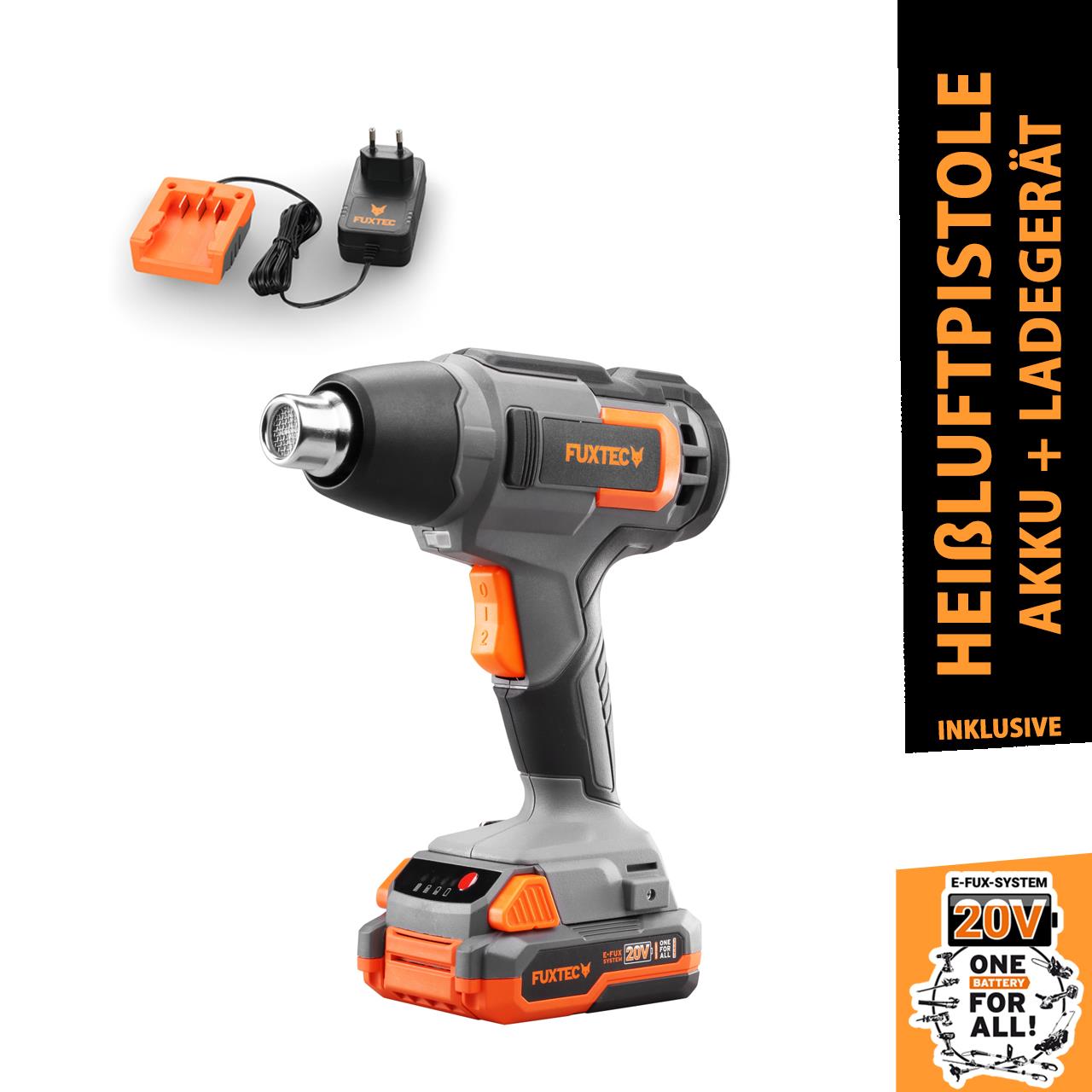 FUXTEC heteluchtpistool accu 20V - heatgun - set met batterij (2Ah) en lader (1A)