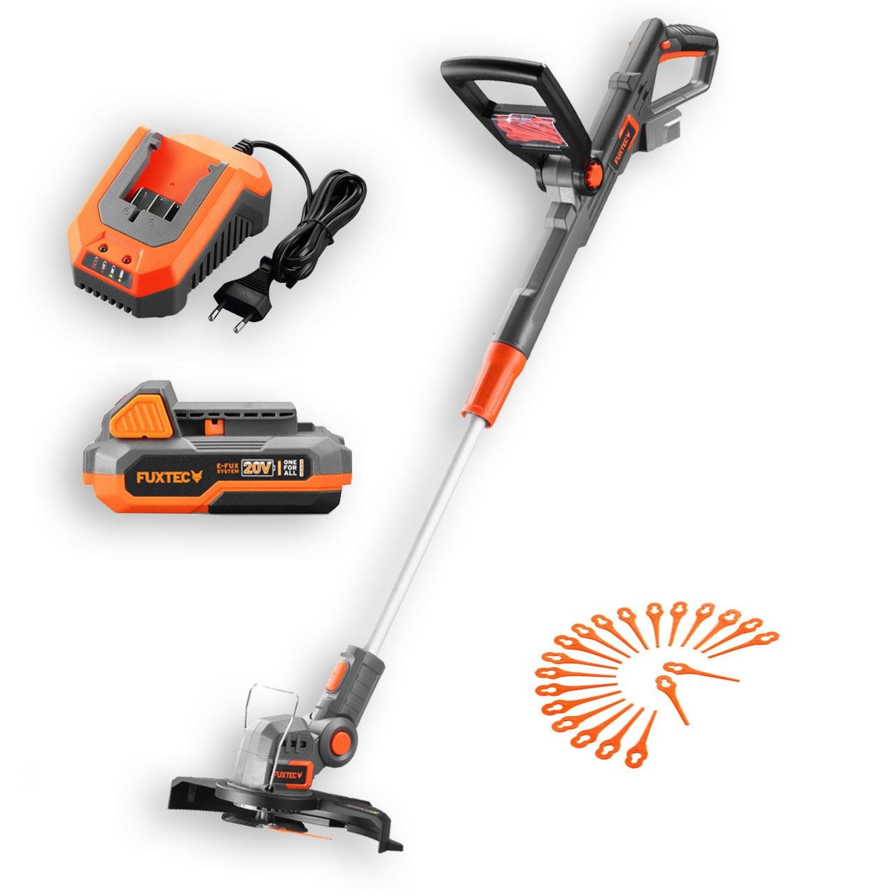 FUXTEC bosmaaier accu 20V - grastrimmer - set met batterij (2A), lader (2,4A) en reservemesjes (20 stuks)