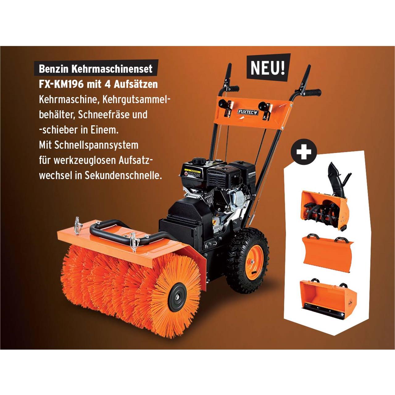 FUXTEC veegmachine benzine - sneeuwploeg benzine - sneeuwschuiver - FX-KM196-SET1 - Incl. Bevestigingsmateriaal sneeuwfreeshulpstuk, sneeuwploegblad en stofvanger