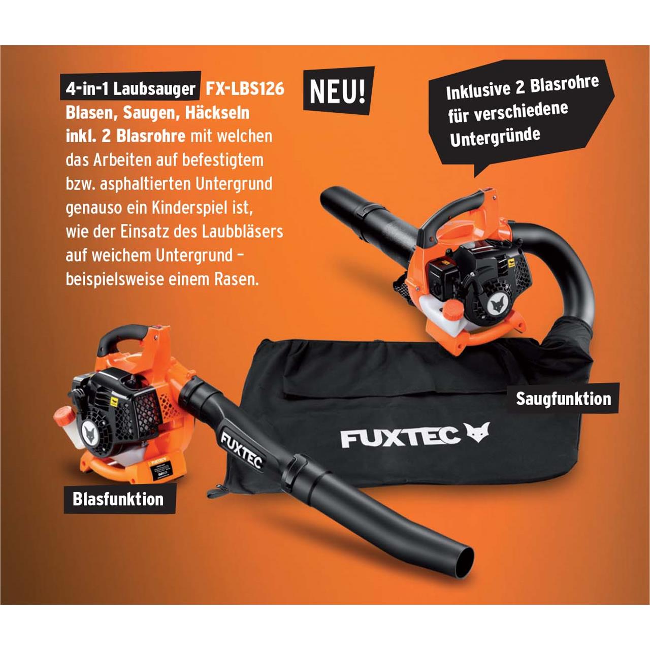 FUXTEC Bladblazer Benzine - Bladzuiger - Blaasfunctie - Zuig en Versnipperfunctie - 45 l Opvangzak - 4 in 1 - 26cc 2-takt - 255 km/h - FX-LBS126