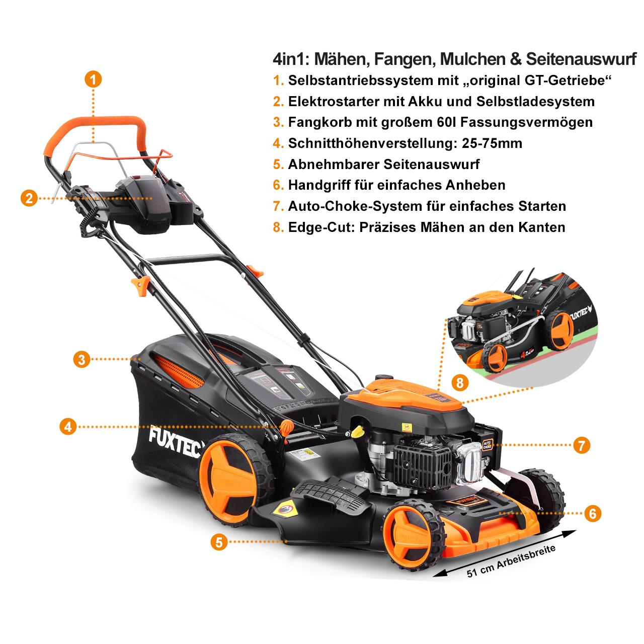 FUXTEC Grasmaaier Benzine - E-Start - 51cm - Zelfrijdend / Zelftrekkend / Achterwielaandrijving - Mulchfunctie - Opvangbak 60L - FX-RM5196eS