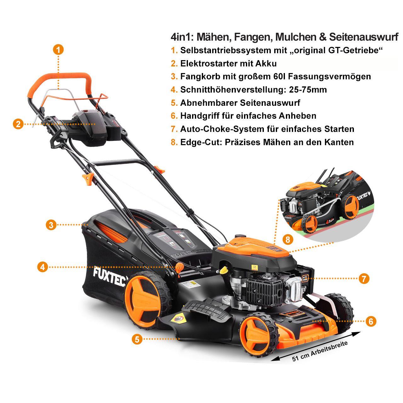 FUXTEC Grasmaaier Benzine - E-Start - 51cm - Zelfrijdend / Zelftrekkend / Achterwielaandrijving - Mulchfunctie - Opvangbak 60L - FX-RM5196eS