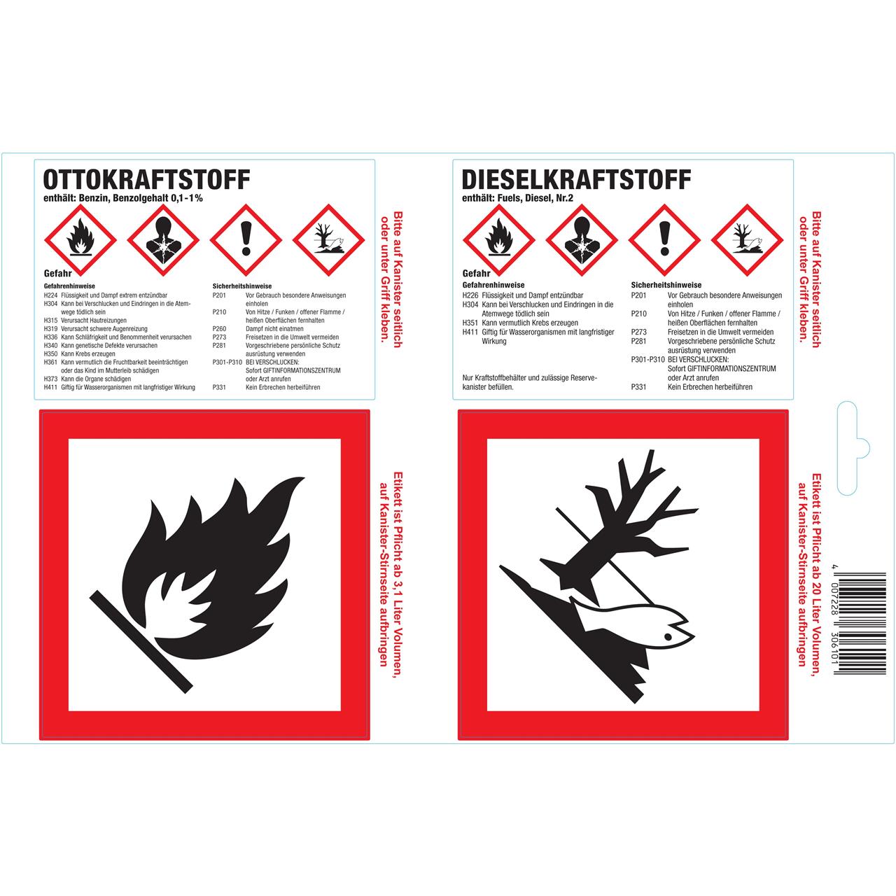 4er Bogen Haftetiketten für Otto-/Dieselkraftstoff