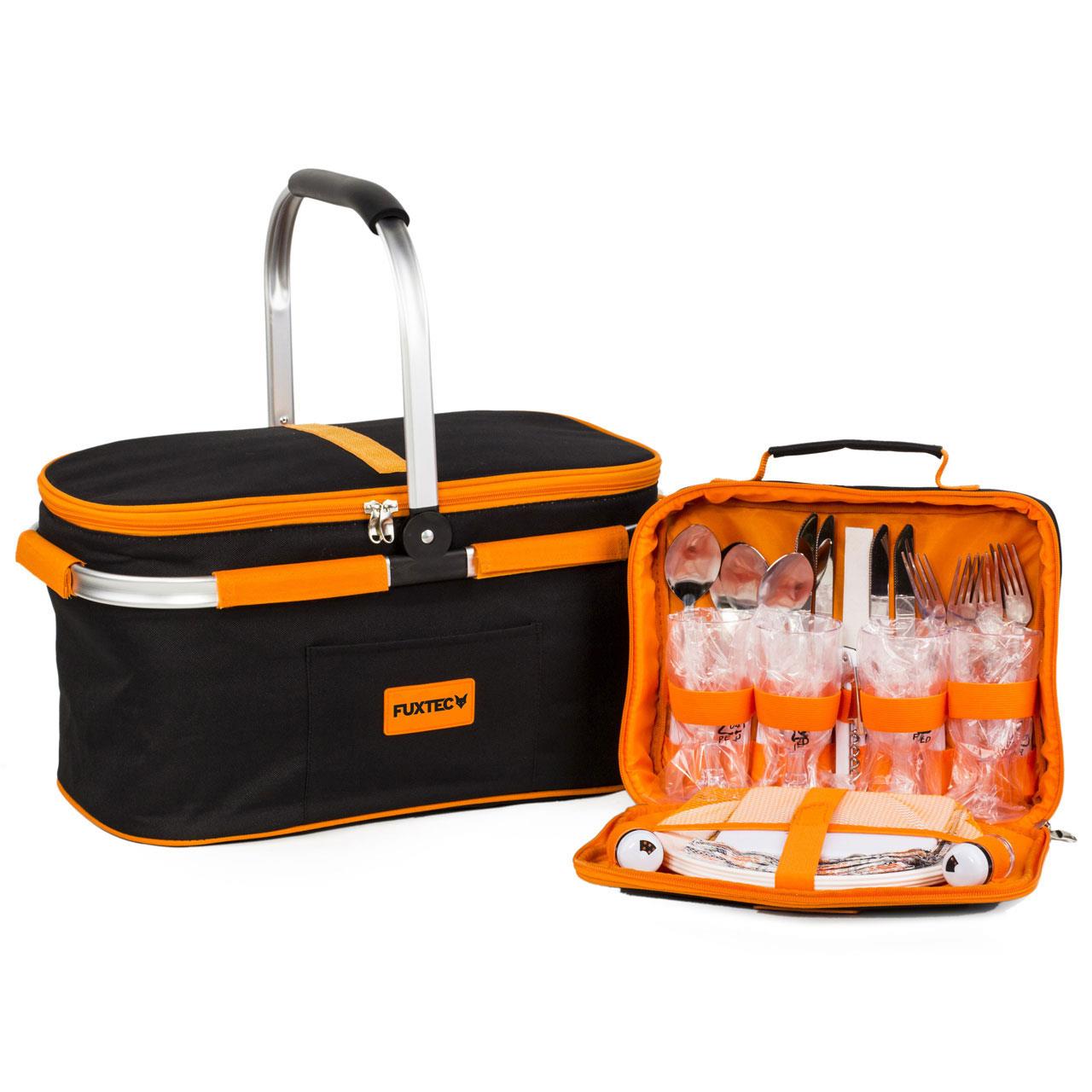 FUXTEC Picknickmand "Familie" - Set voor 4 personen - incl. tas met bestek, borden, wijnglazen, servetten, peper en zoutstel, snijplank, flesopener en kaasmes - FX-KF1000